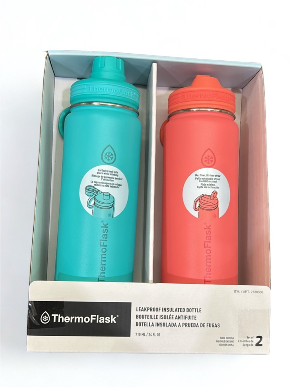 Brand new 2 pack thermoflask 24 oz Leakproof Insulated Bottle Duo - Teal & Coral